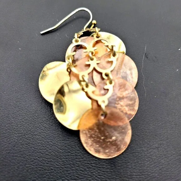 Metal & Mother of Pearl Disc Chandelier Earrings Goldtone Metal Hook Back 2" - Picture 4 of 5